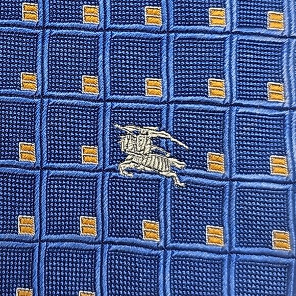 Vintage Burberrys of London Tie Mens Jacquard Foulard Blue Gold Silk 59.4" USA - Picture 7 of 8
